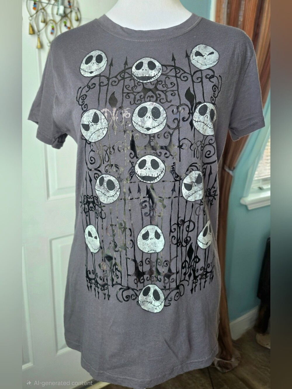 Y2K Walt Disney World Jack Skellington Babydoll Graphic Tee Womens XL Grey White